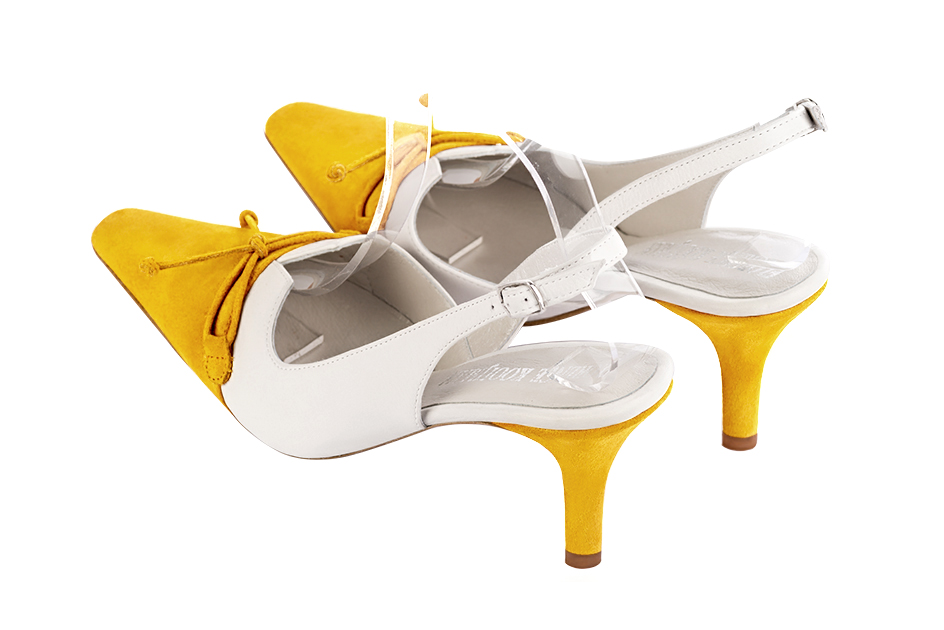 Dress slingback bow heels in yellow and pure white leather with high slim heels and tapered toe - Rear view